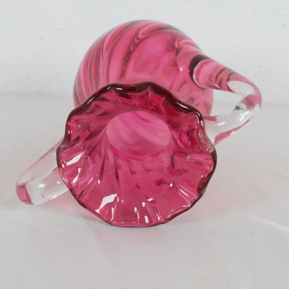 Handblown Clear Cranberry Swirled Glass Vase Ruffled Rim Double Handled 8.25" - Picture 7 of 8